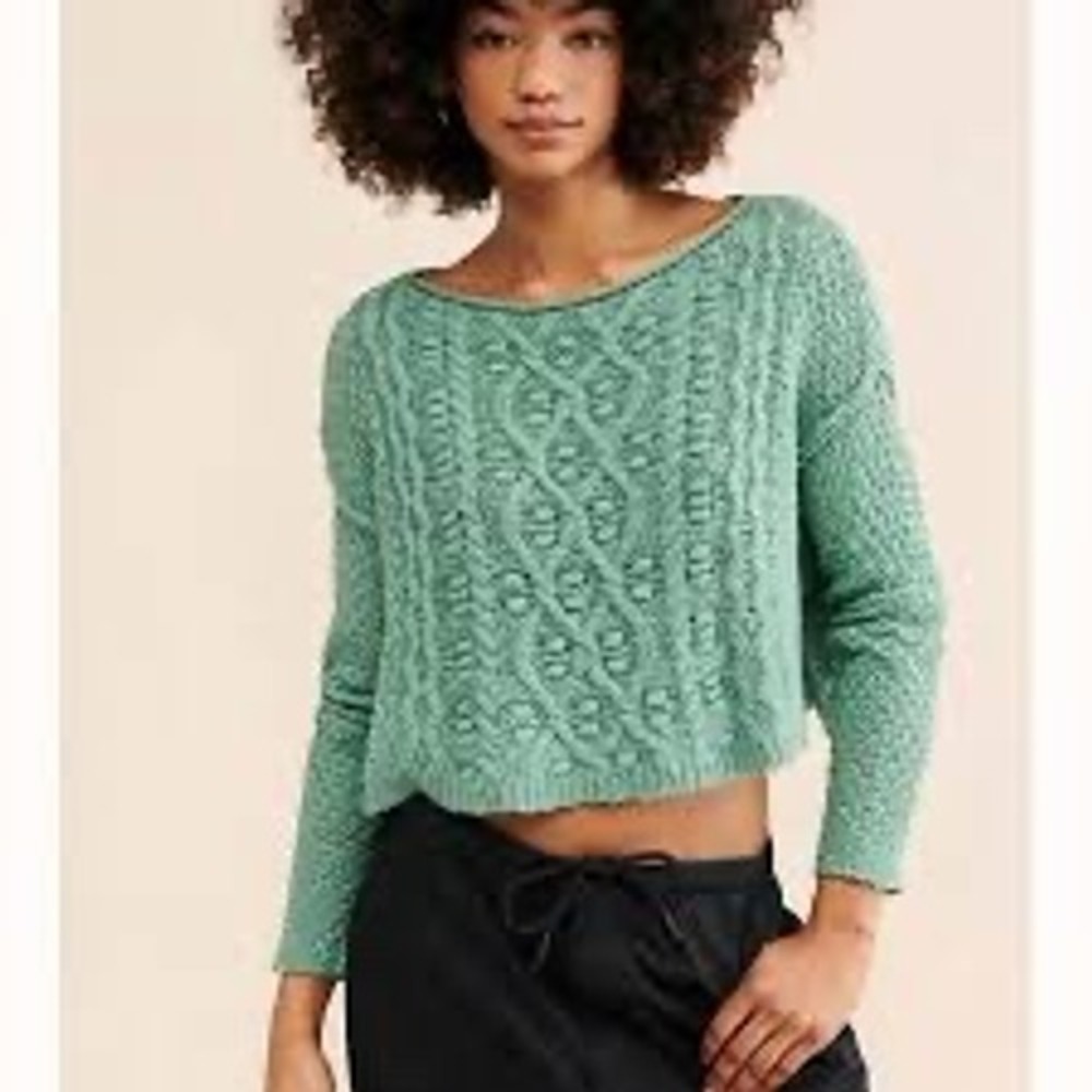 Free People Changing Tides Pullover Sweater Sage Green Cable Knit Cropped XS